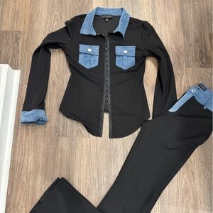 Black Two-Piece Set with Denim Trim